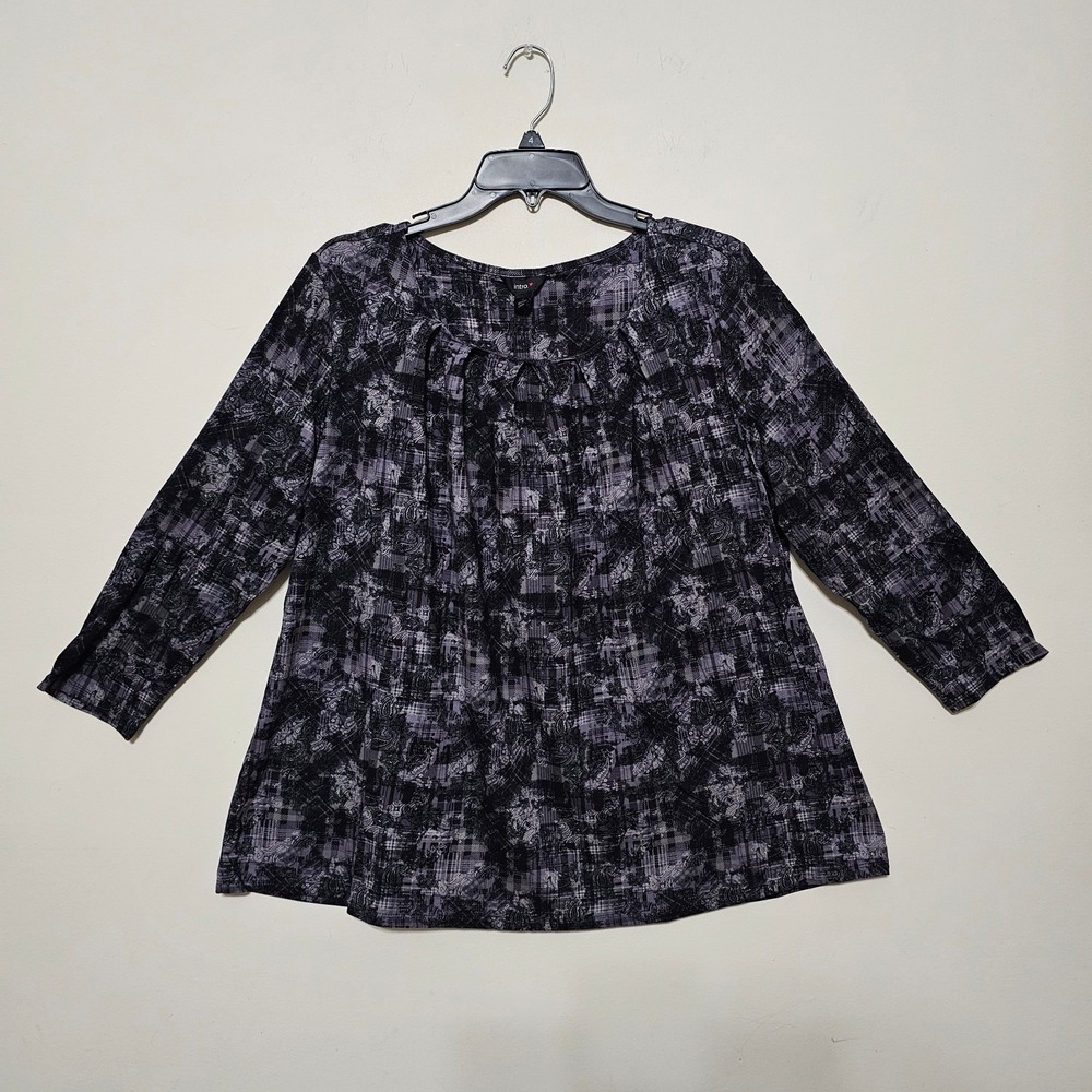 Intro Women Top Blouse L/14 Black 3/4 Sleeve Pleated Neck Knit Jersey New 1107